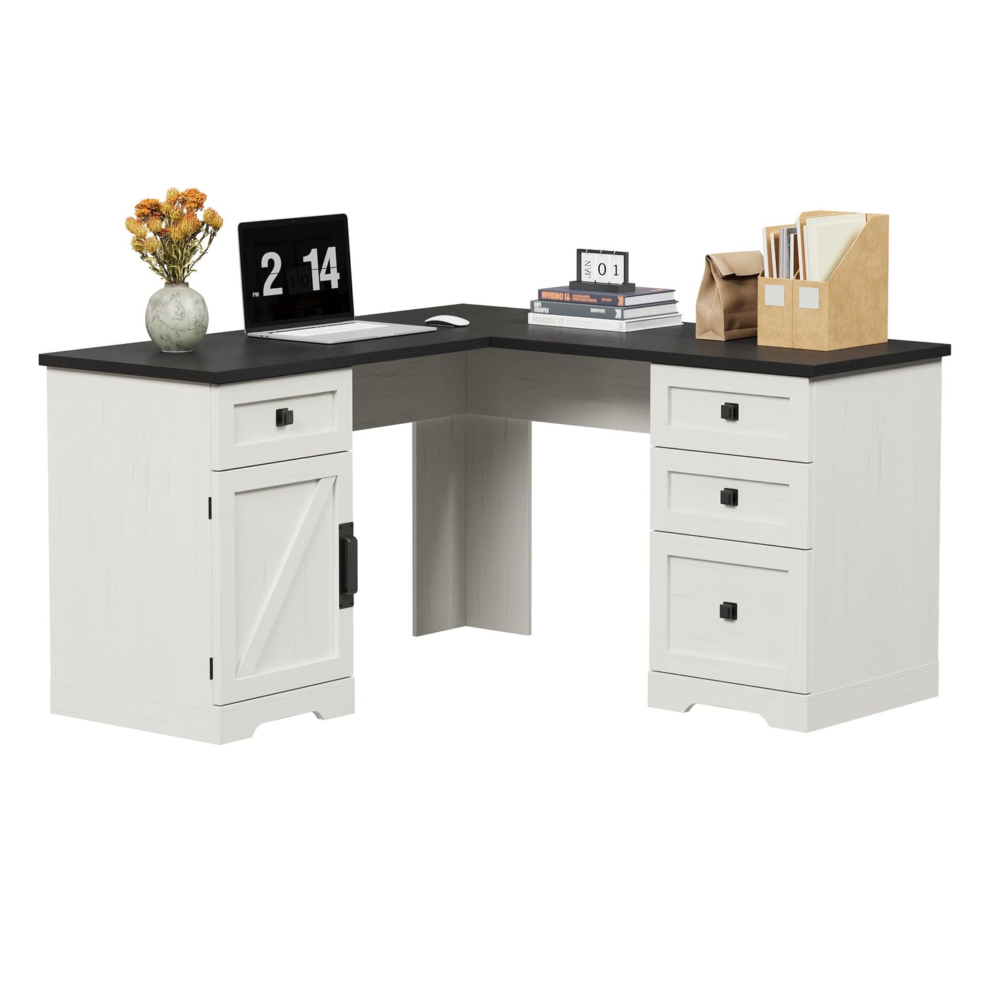 GarveeHome 60" Executive L Shaped Desk, Farmhouse Home Office Desk with File Drawers and Storage Cabinet, Corner Computer Desk with Adjustable Side Storage Cabinet (Black)
