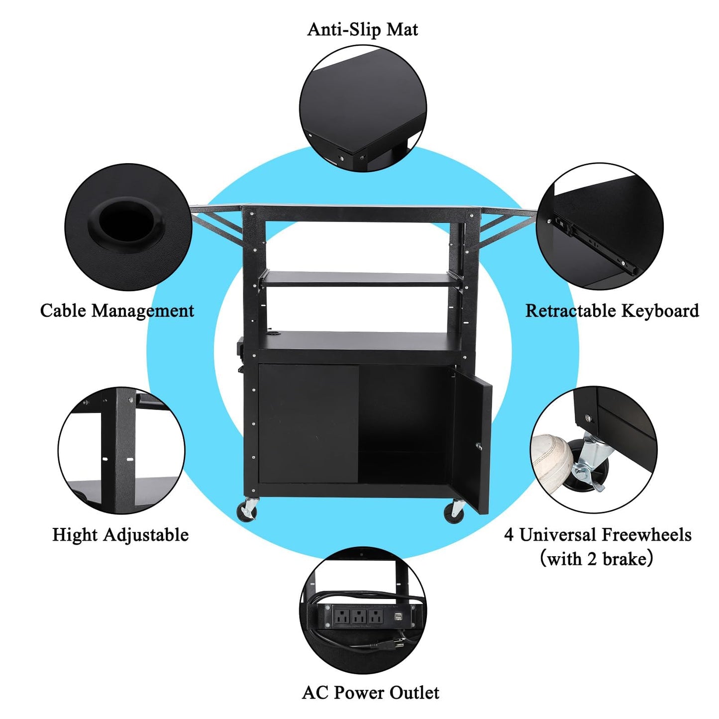 GAOMON Rolling AV Cart with Locking Cabinet, Laptop Stand, and Drop Leaves, Height Adjustable Mobile Utility Cart Workstation with Extra Storage Space, Power Strip