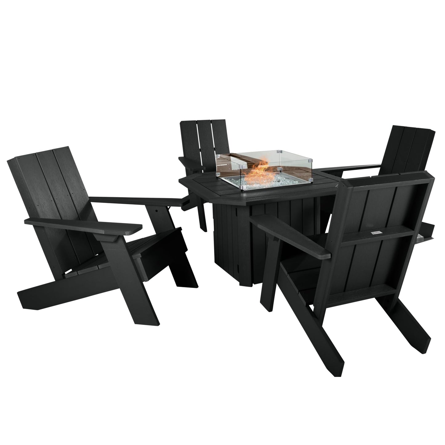 Oasis 5-Piece Conversation Set with Fire Pit Table, 4 Italica Modern Adirondack Chairs and 40” Fire Pit Table with Glass Wind Guard and Rain Cover, Black