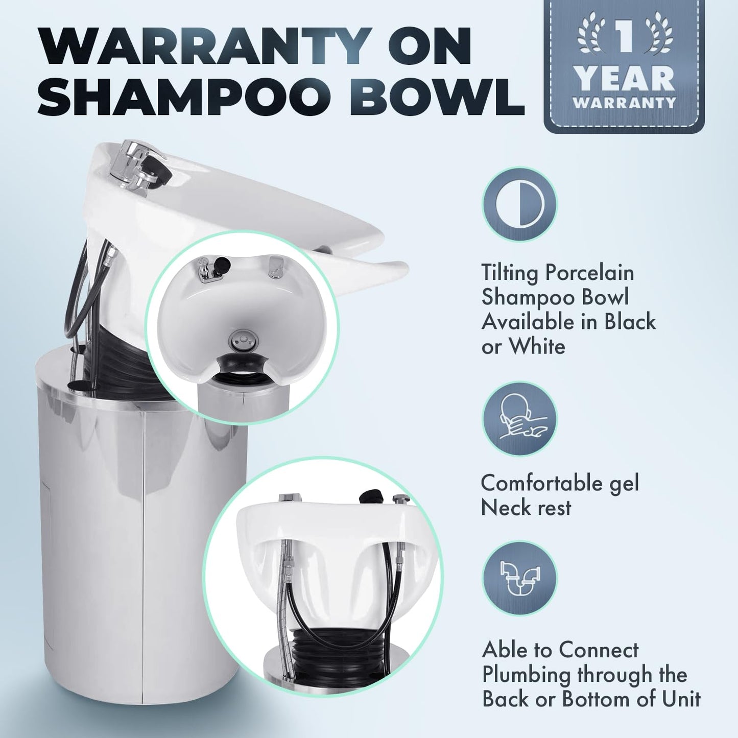 Buy-Rite Paris Pedestal Shampoo Unit with stainless steel base, white tilting porcelain bowl, faucet, spray hose, drain, and vacuum breaker – durable professional salon equipment.