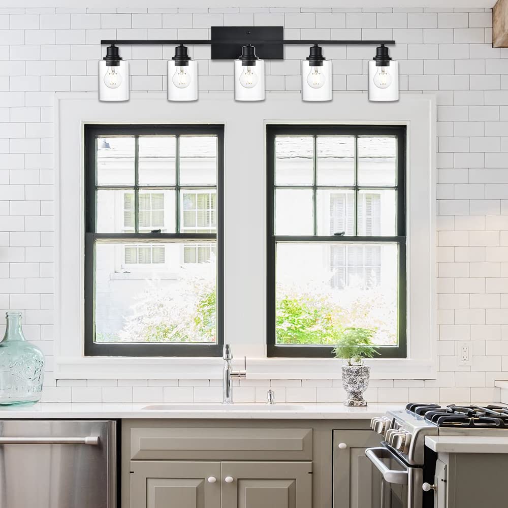 5-Light Modern Bathroom Lighting Fixtures, 40" Matte Black Bathroom Vanity Lights with Clear Glass Shade, Anti-Rust Farmhouse Wall Sconces for Bedroom Cabinet Kitchen E26 Socket (Bulbs Not Included)