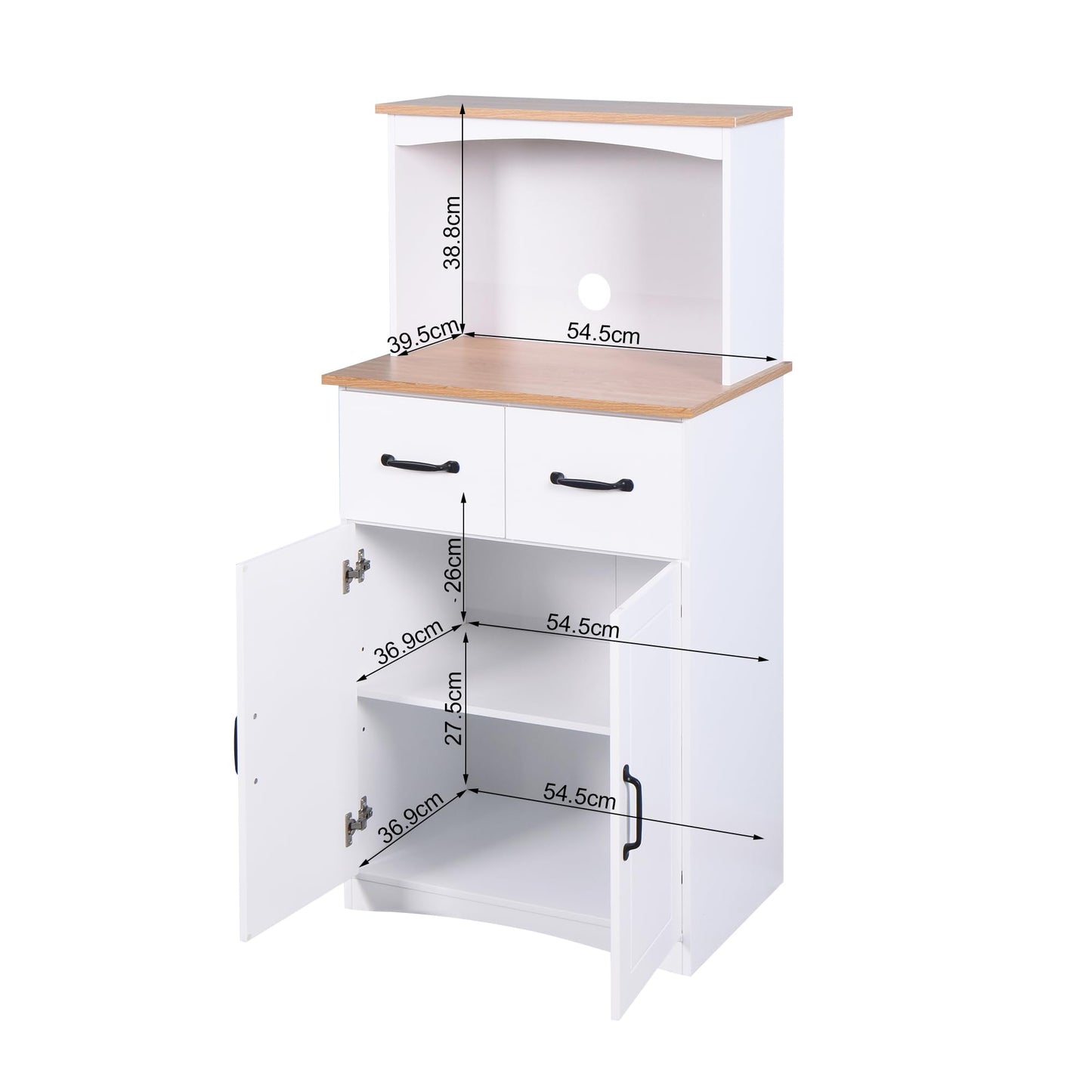 GDFStudio Wooden Kitchen Pantry Cabinet with Microwave Stand & Storage Drawer, Modern MDF Storage Cabinet with Adjustable Shelf, 2 Doors, Rectangle Home Organization Cupboard, White