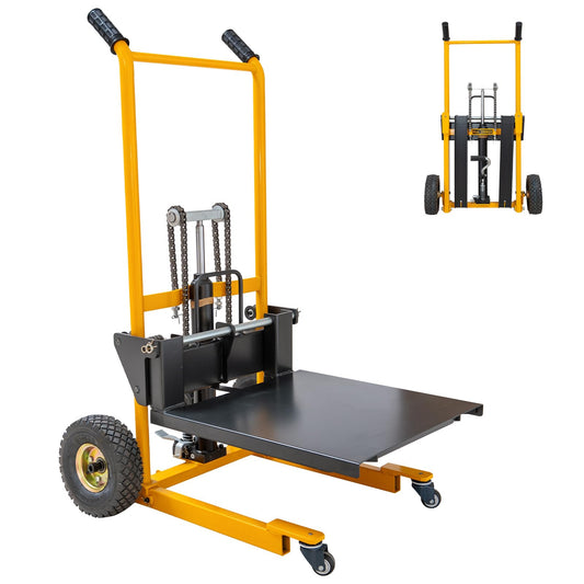 MMS Foldable Hydraulic Material Lift Winch Stacker, 450 Lbs 35.8" Max Lift w/ 9" Wheels 360° Swivel Casters, Pallet Truck Dolly, Fork Lift Table Cart, Pallet Jack, Removable Platform, Adjustable Forks