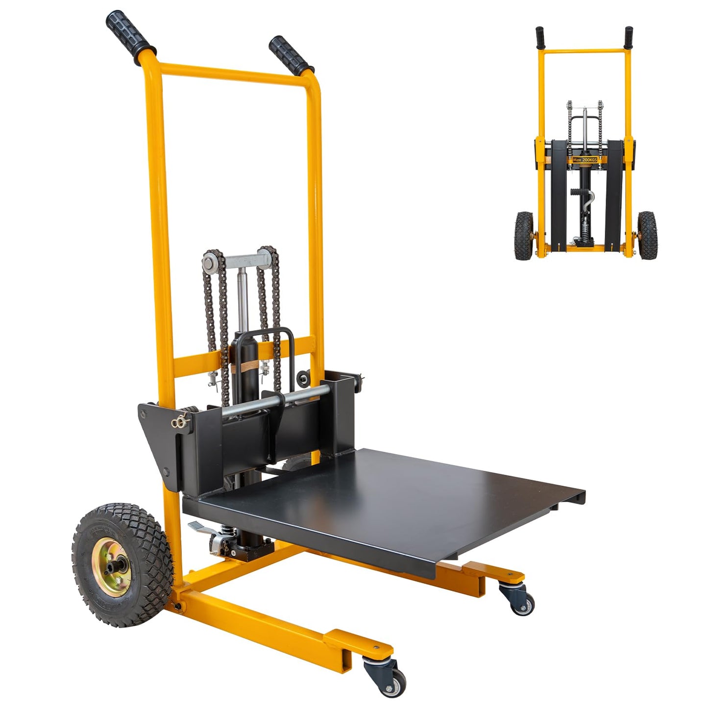 MMS Foldable Hydraulic Material Lift Winch Stacker, 450 Lbs 35.8" Max Lift w/ 9" Wheels 360° Swivel Casters, Pallet Truck Dolly, Fork Lift Table Cart, Pallet Jack, Removable Platform, Adjustable Forks