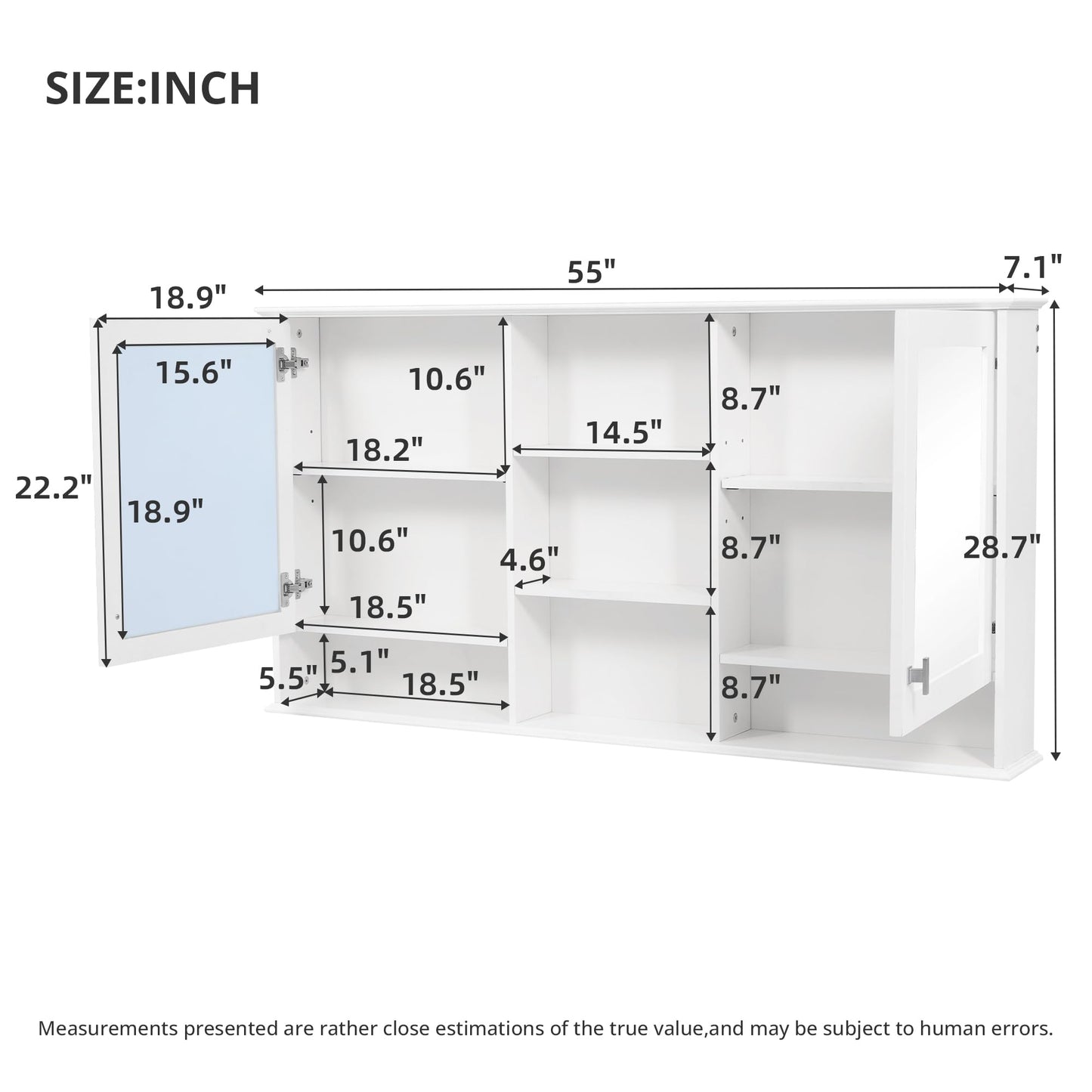 Marzzi 55"x28" Bathroom Medicine Cabinet with Mirror, Wall Mounted Bathroom Storage Organizer with 5 Open Shelves & Adjustable Interior for Master Bath & Power Room, Painted Finish