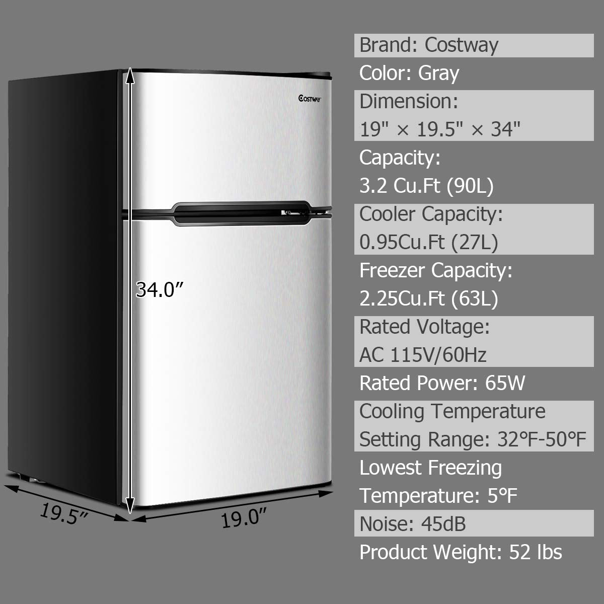 COSTWAY Mini Fridge with Freezer, 3.2 Cu.ft. 2-Door Mini Freezer Cooler Fridge w/ Reversible Door, Removable Glass Shelves, Mechanical Control, Small Refrigerator for Bedroom, Dorm, Office (Grey)