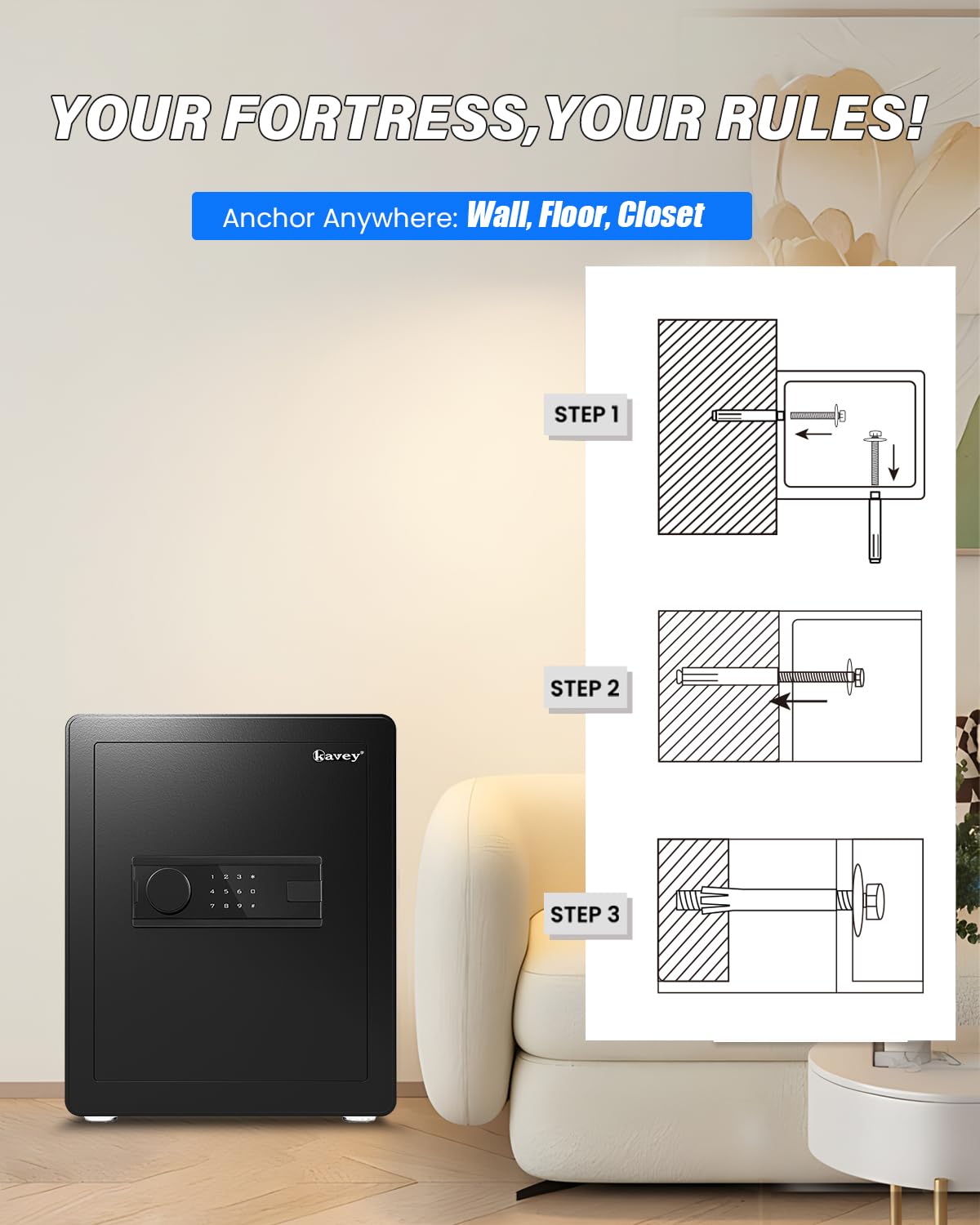 Kavey 2.0 Cub Safe Box, Steel Security Safe and Lock Box with Backlit Touch Screen Keypad, Dual Alarm System, Mute Function and LED Light for Home Office 12.6"D x 14.96"W x 17.72"H