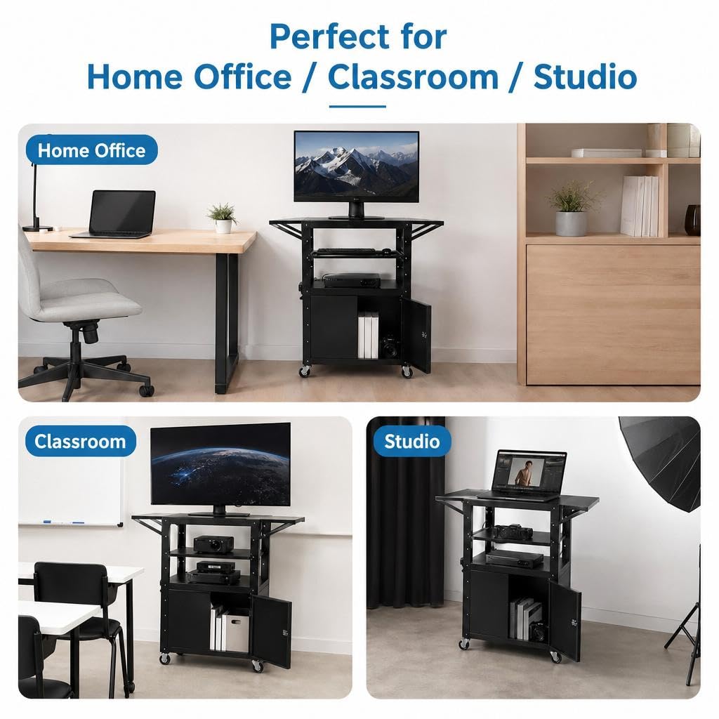 Rolling AV Cart, Adjustable Height Utility Cart with Locking Cabinet, Mobile Media Cart on Wheels, Laptop Stand, Drop Leaves, Pullout Keyboard Tray, Power Strip, Perfect for Office, Home, School Use
