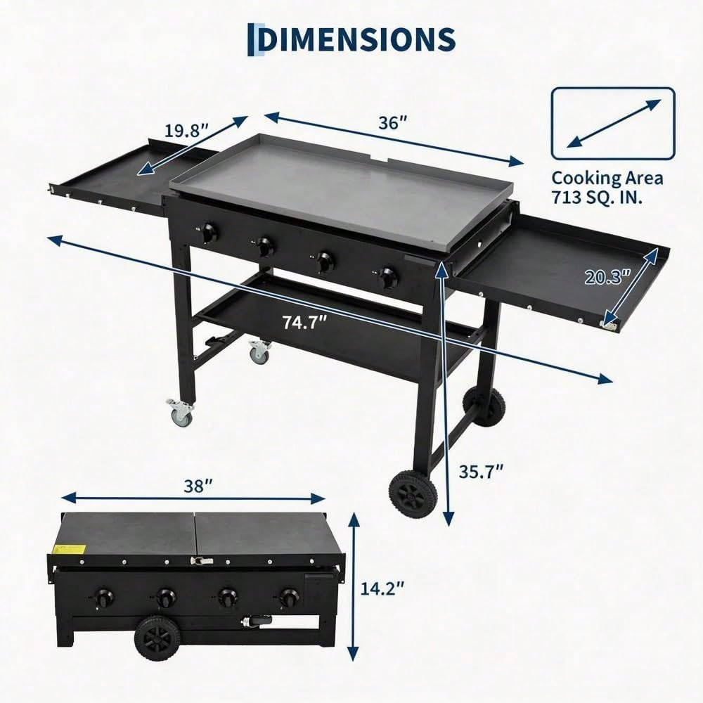 36-Inch Flat Top Gas Griddle, 4-Burner Propane Grill Station (60,000 BTU) with Foldable Shelves & Wheels, Heavy Duty Cast Iron Outdoor Flattop Grill for Backyard BBQ, RV Camping & Pan-Frying