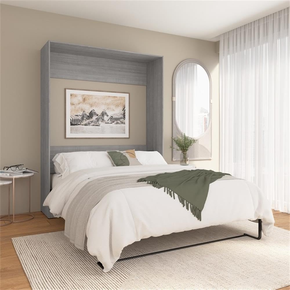 Pemberly Row Modern Queen Murphy Bed, Engineered Wood, Platinum Gray Finish, Space-Saving Dual Piston Wall Bed with Brushed Nickel Hardware, Mattress Support Slats, Ideal for Bedroom Use