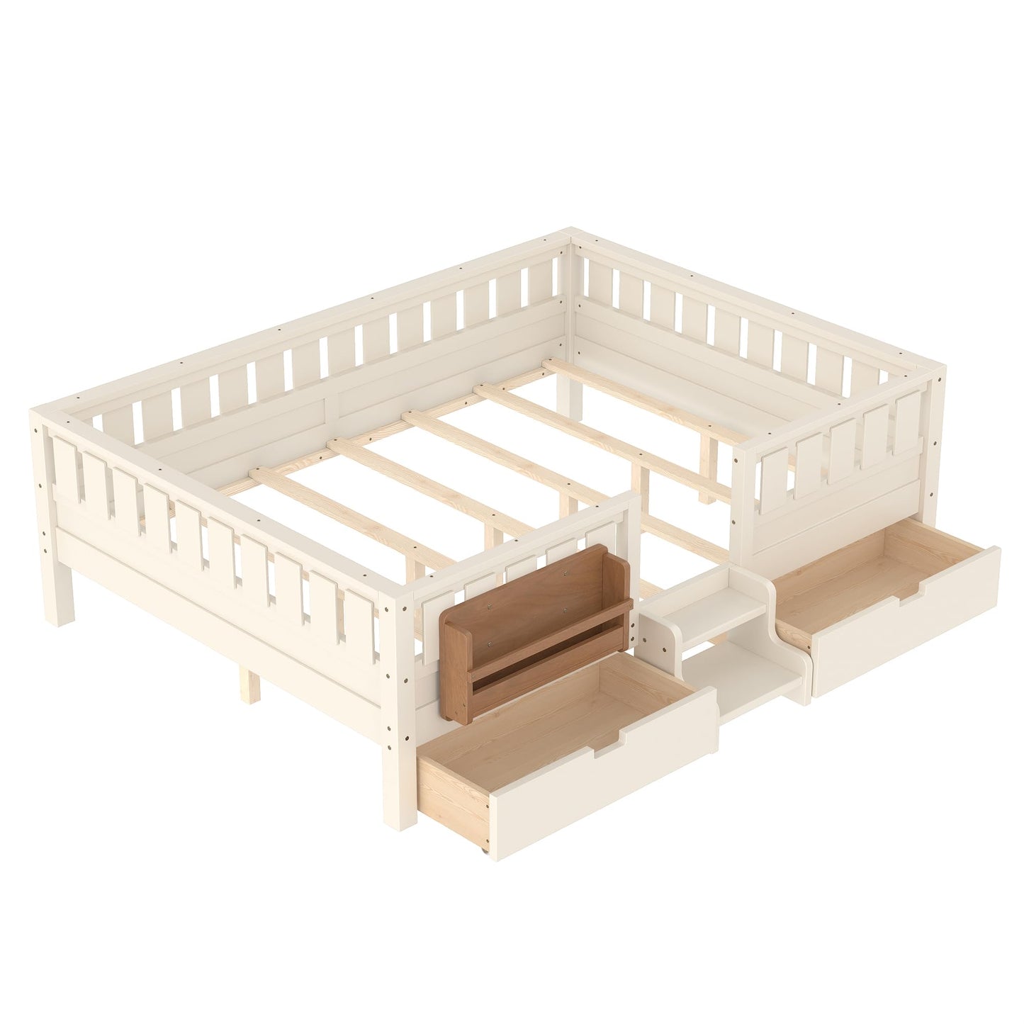 Queen Platform Bed with Storage Drawers and Bookshelves, Kids Platform Bed Frame with Low-profile Stairs and Full-length Guardrails, Queen Bed Frame for Boys, Girls, No Box Spring Needed, Beige