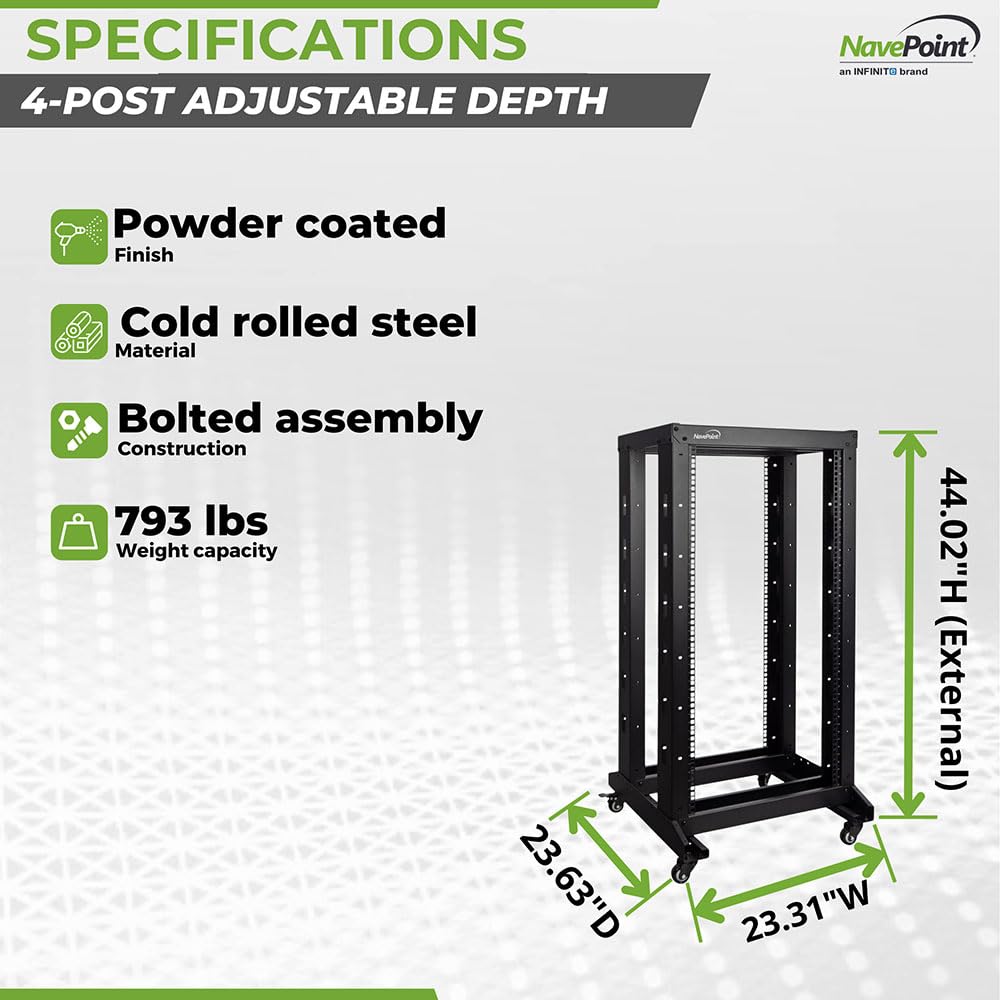 NavePoint 4ft Open Frame 19 Inch 22U 4-Post Network Server Relay Rack Rolling with Casters