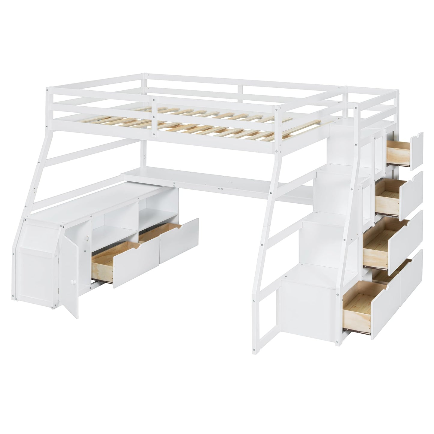 Su & Chan Legence Full Size Bed with Pinewood Frame and Desk, Loft Bed with 7 Drawers and 2 Shelves, Natural Wood Grain Look, White