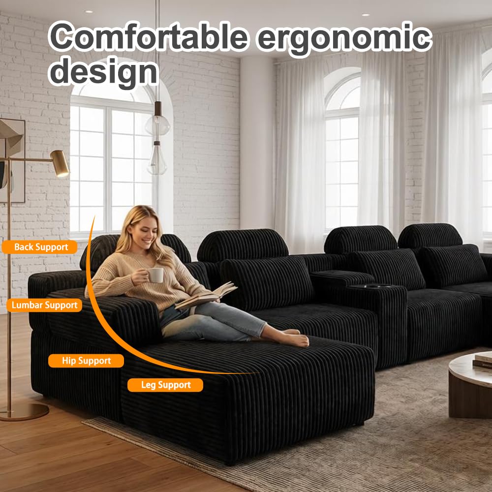 KEIKI Modular Sectional Cloud Couch for Living Room - 143" 6 Seater Convertible Velvet Couches Set with Ottoman, No Assembly Compression Sofa, Soft Floor Sofa with Chaise Lounge & Cup Holders, Coffee