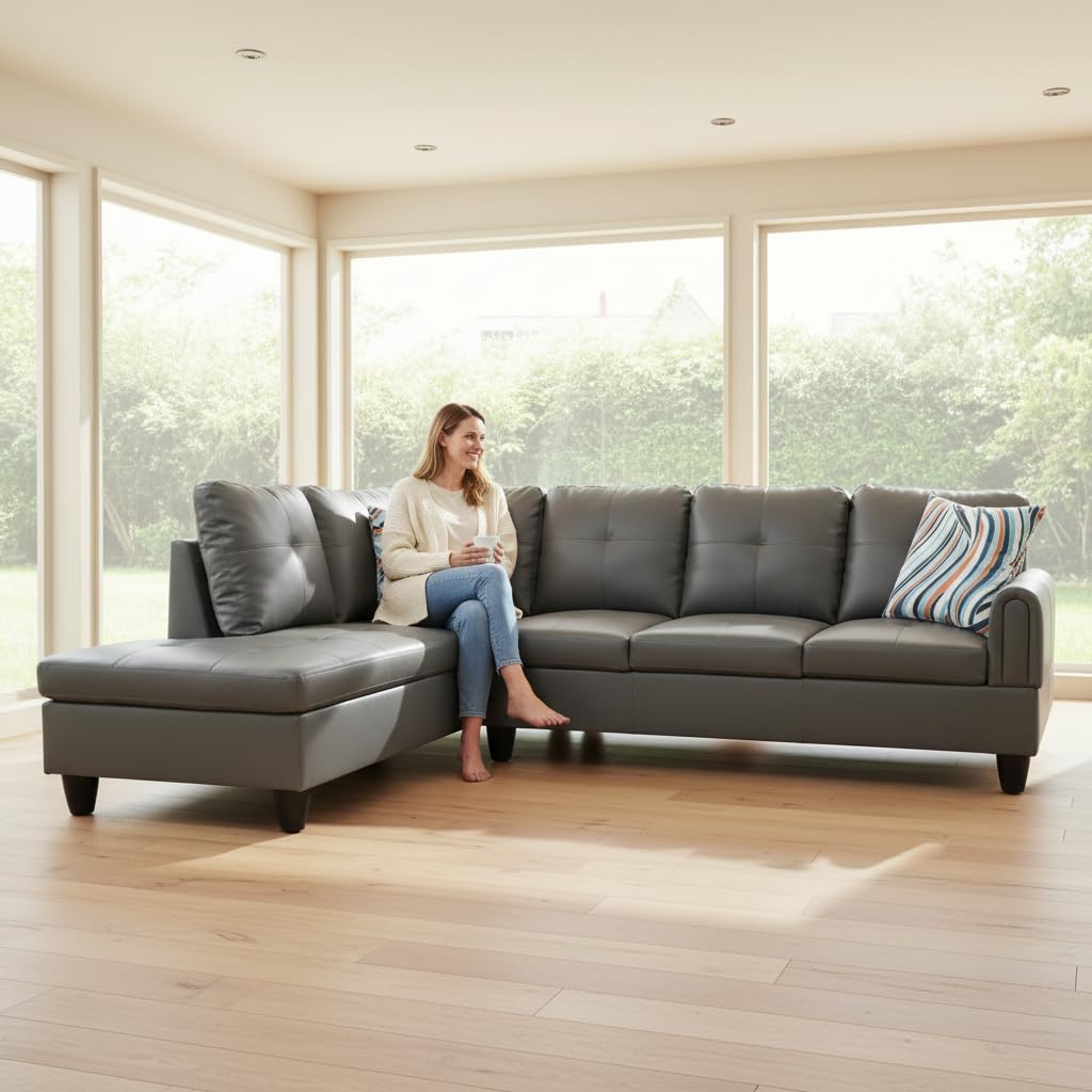 Trygoal Modern L-Shaped Sectional Sofa with Chaise Lounge, 4-Seater Leather Couch with High-Density Foam Cushions, for Living Room, Apartment, Studio, Easy Assembly, Dark Grey