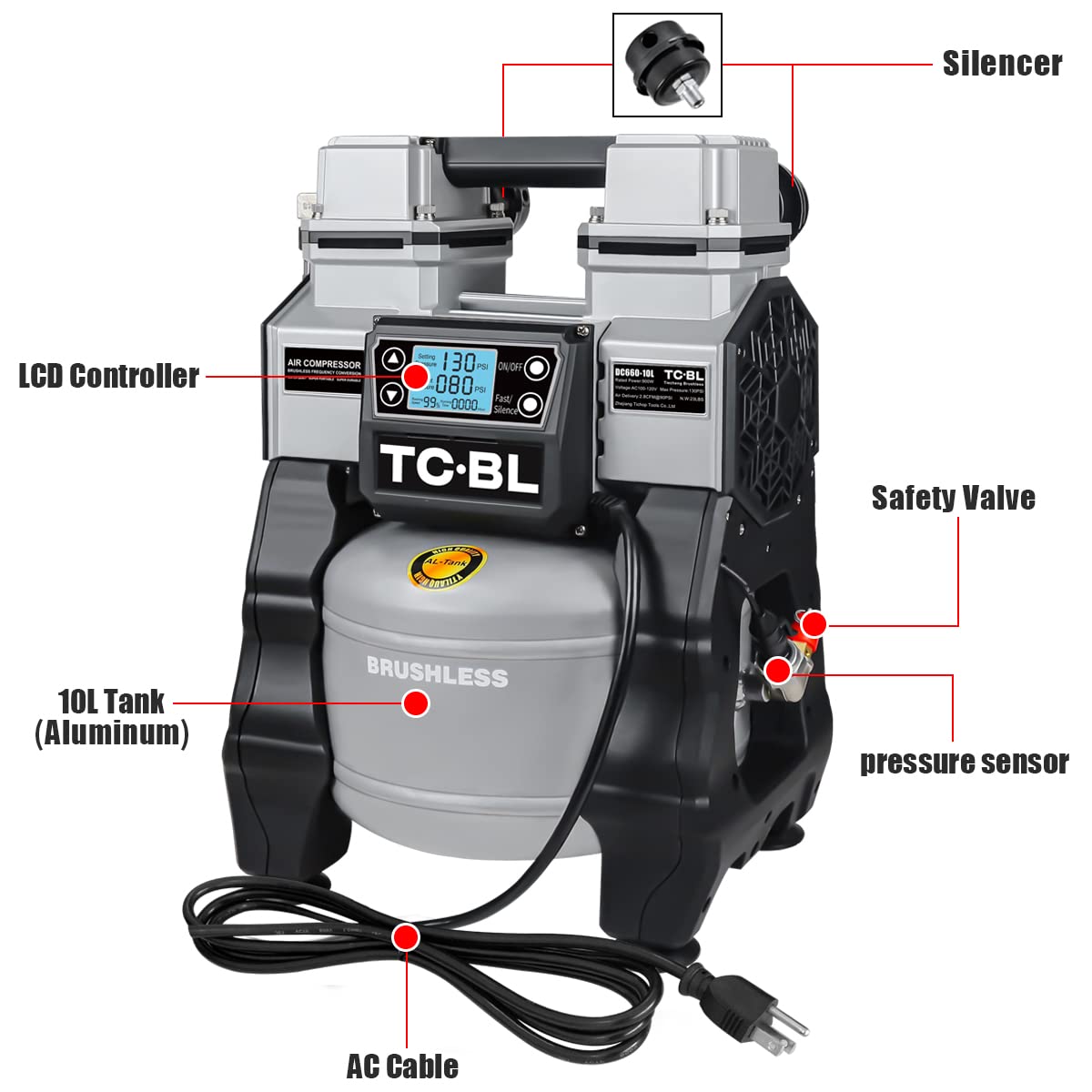 TC·BL Oil free Air Compressor 1.3HP Ultra Quiet Air Compressor Lightweight and with 2.6 Gallon Aluminum Tank