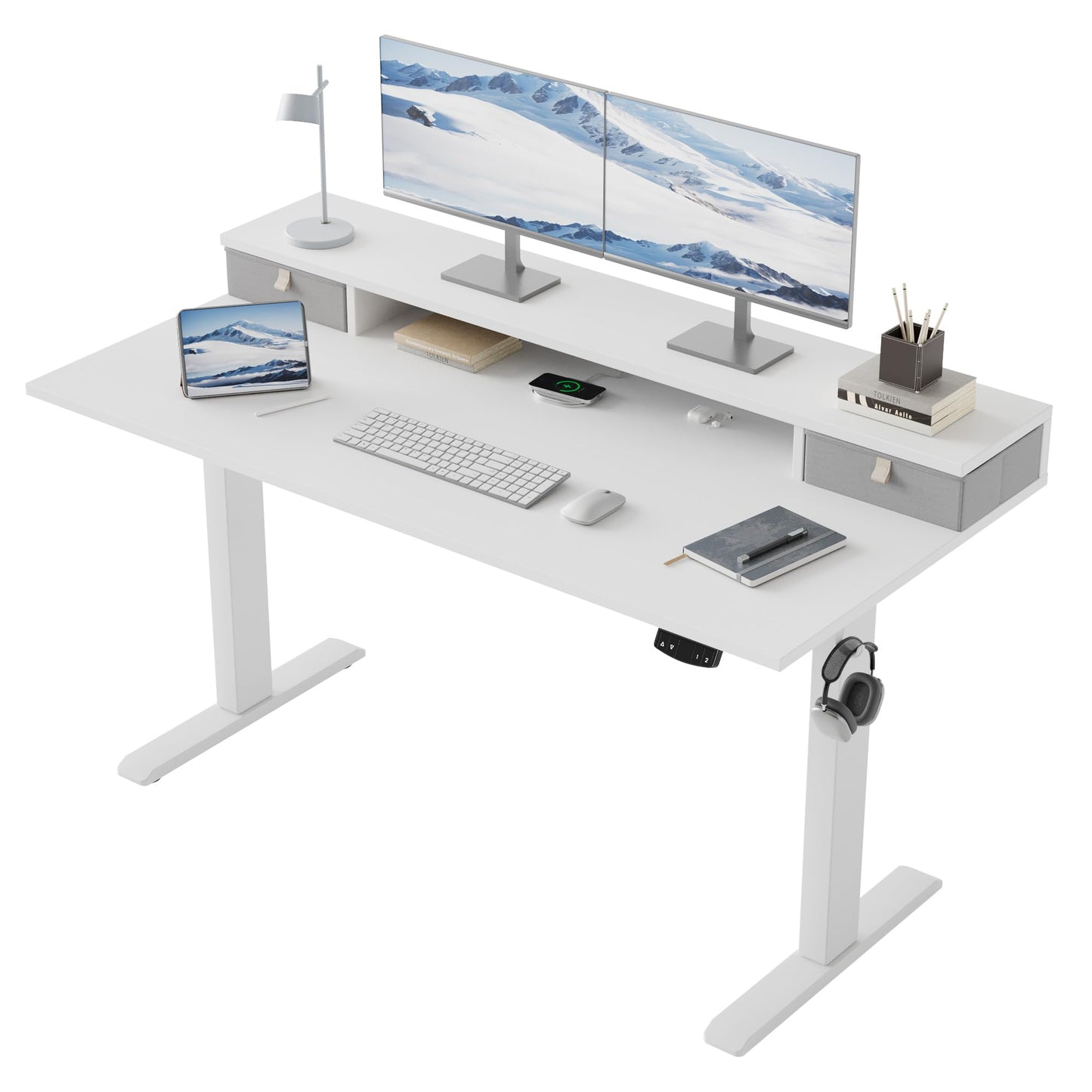 Klicelor 55 x24 Inch Electric Standing Desk with Drawers, Adjustable Height Small Sit Stand Desk for Home Office, Compact Computer Workstation with Storage– White
