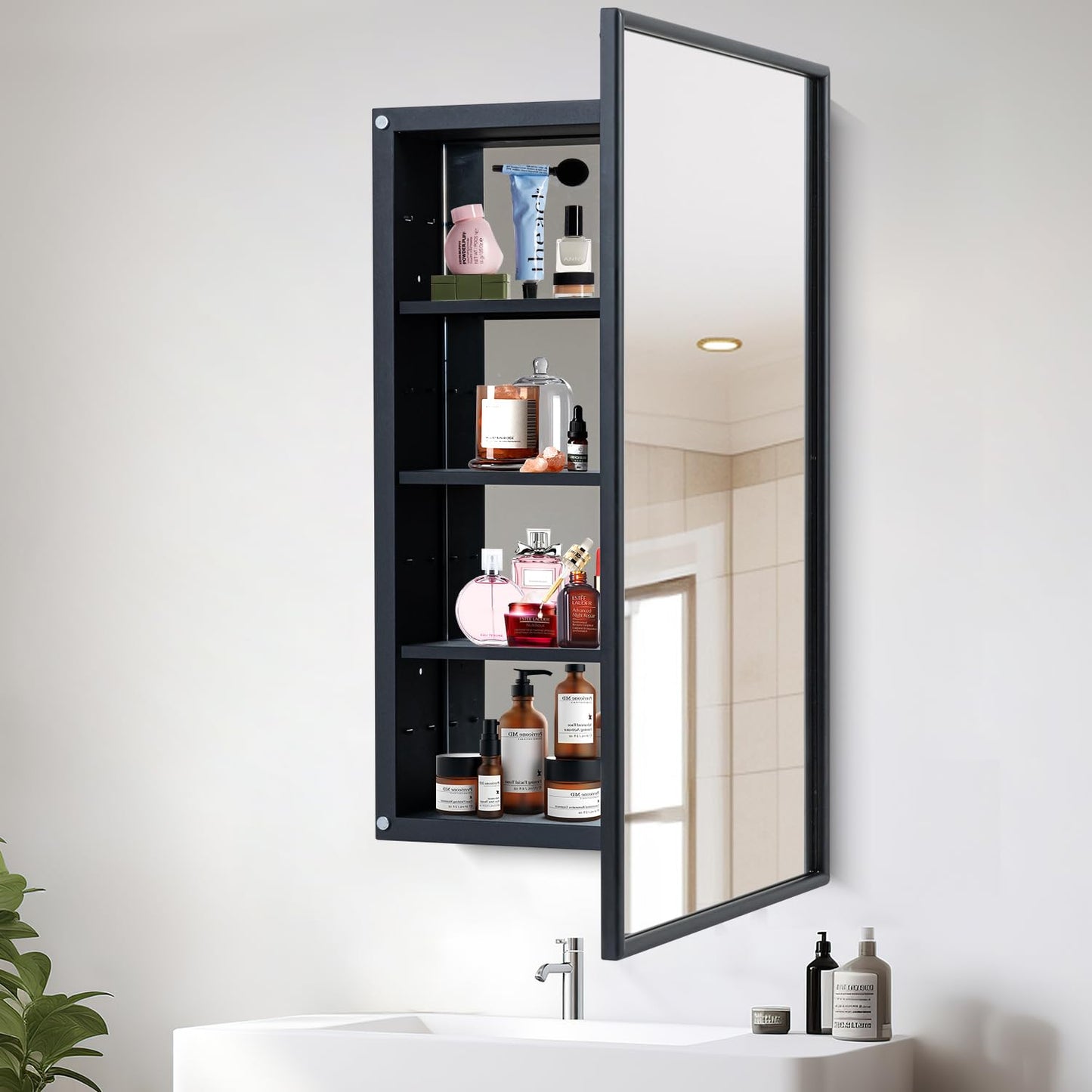 YOOSHINE Black Bathroom Medicine Cabinet with Mirror Squared Rectangle Metal Frame Recessed Or Wall Mounted Single Door Storage Medicine Cabinets with 3 Adjustable Shelves (Black, 20 * 30'')