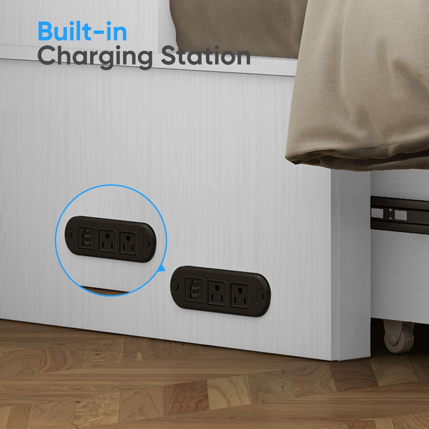 PUREMIND Queen Murphy Bed with Mattress Included, Murphy Bed Cabinet with Storage Drawer, Charging Station, Headboard, Space Saving Wall Beds for Guest Room