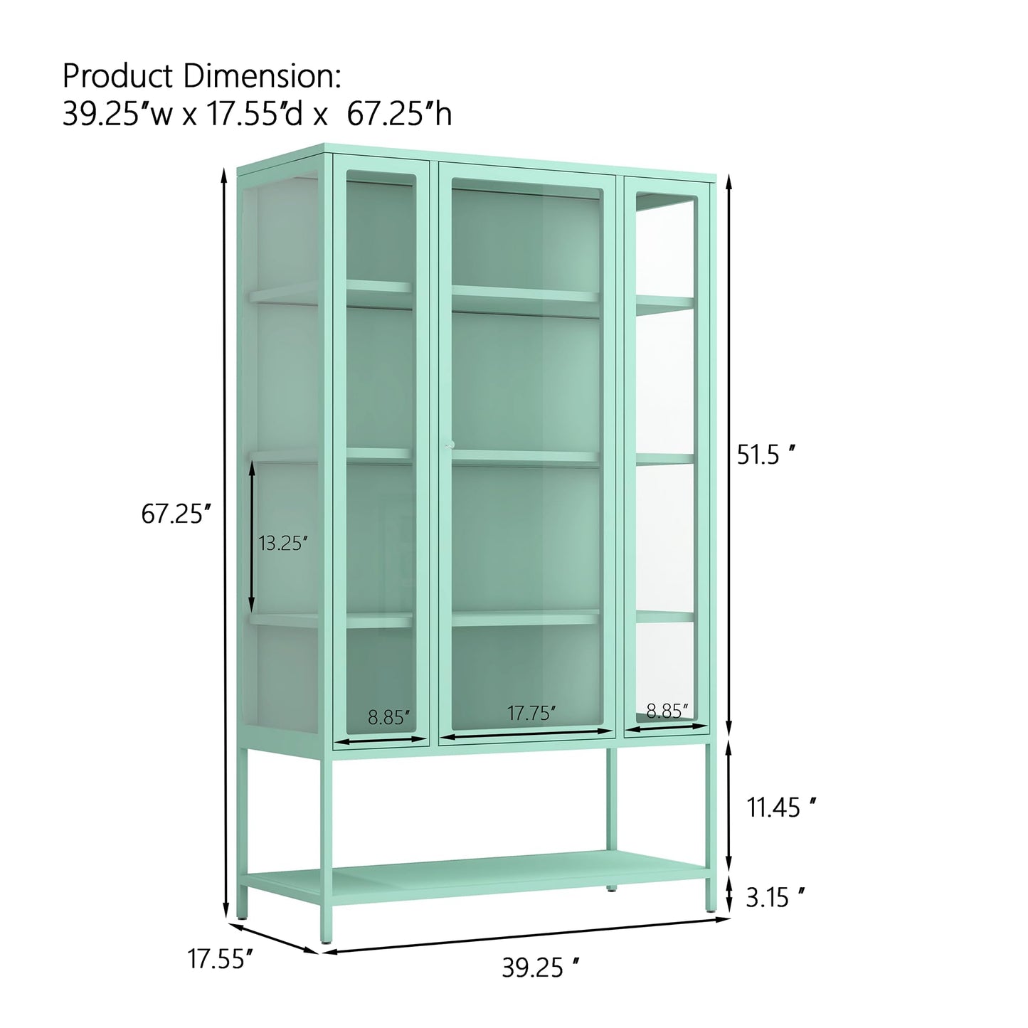 Merax 67" Tall Glass Display Cabinet with Adjustable Shelves and LED Lights, for Collectibles, Modern Steel Storage Curio Cabinet with 3-Sided Glass Display Case for Home Office Study Room, Cyan
