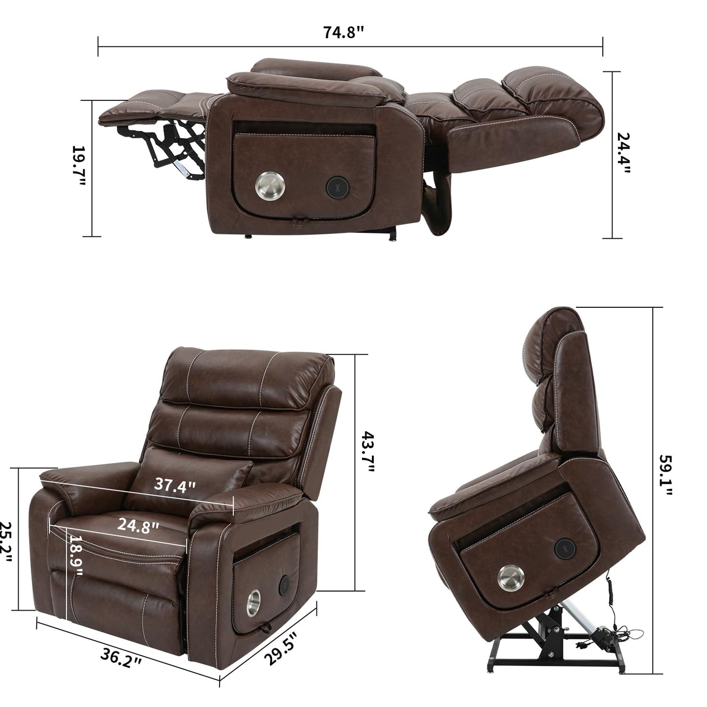 GDFStudio Oversized Power Lift Recliner Chair with Heat Massage Wireless Charging 180 Degree Lay Flat Electric Reclining Sofa with Cup Holder and Dual Remote Control, Brown
