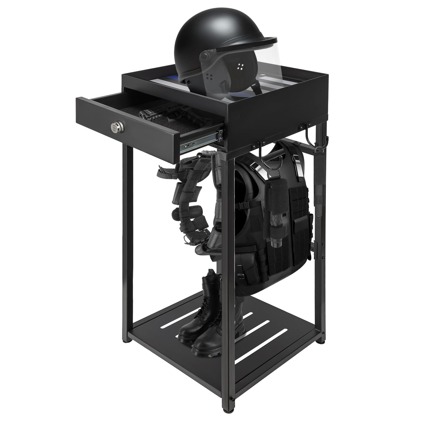 Neoaider Police Gear Stand with Gun Storage 42" x 18" x 18”, Police Hanger with 5 Hooks, Tactical Duty Gear Rack Decor with Thin Blue Line Flag, Black Body Armor Stand for Police Gift