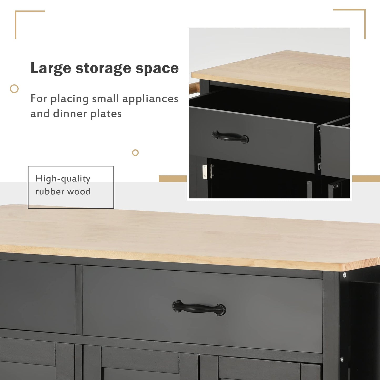 Merax Rolling Mobile Kitchen Island Cart with Wood Top and Locking Wheels, 4 Door Cabinets and 2 Drawers, Spice & Towel Rack, 54.3 Inch Width, Black