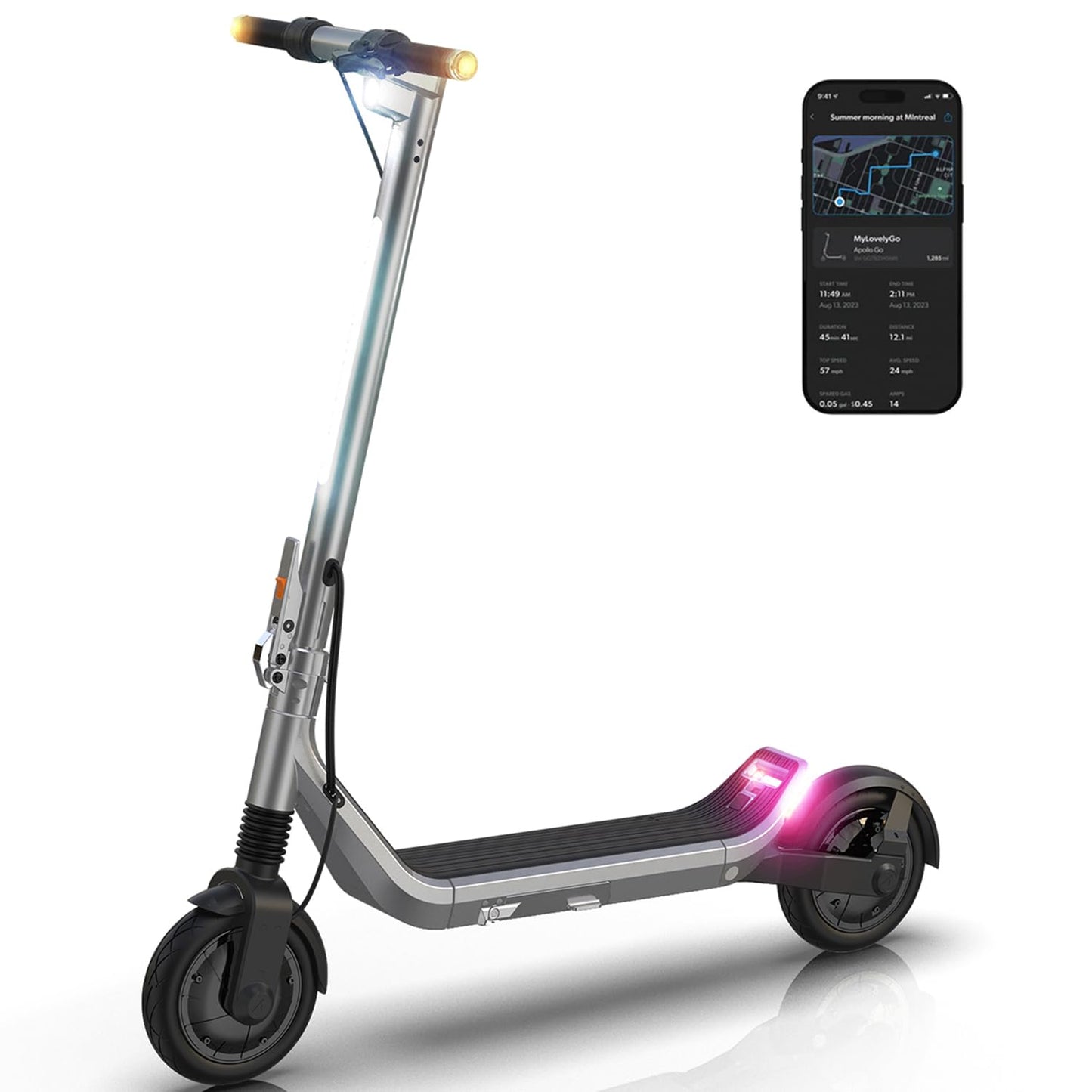 Apollo Go Electric Scooter for Adults with Dual 350W Motors, 28 MPH Top Speed, Up to 30-Mile Range, Airflow Suspension, Self-Healing Tires & 360° Lighting - E Scooter for Powerful All-Terrain Rides