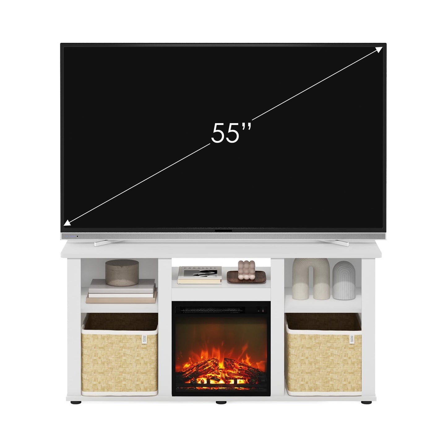 Furinno Jensen Fireplace TV Stand for TV up to 55 Inch, White Entertainment Center, TV Console with Fireplace and Open Storage, for Living Room, Bedroom, Plain White