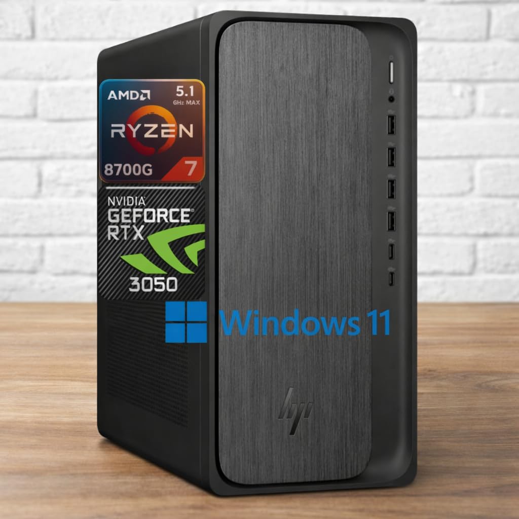 HP OmniDesk Gaming Next Gen AI PC Desktop, AMD Ryzen 7 Processor (16-Threads, Up to 5.1GHz), 32GB DDR5 RAM, 1TB SSD, GeForce RTX 3050, Wi-Fi 6, HDMI+DP Dual Monitor Support, Windows 11