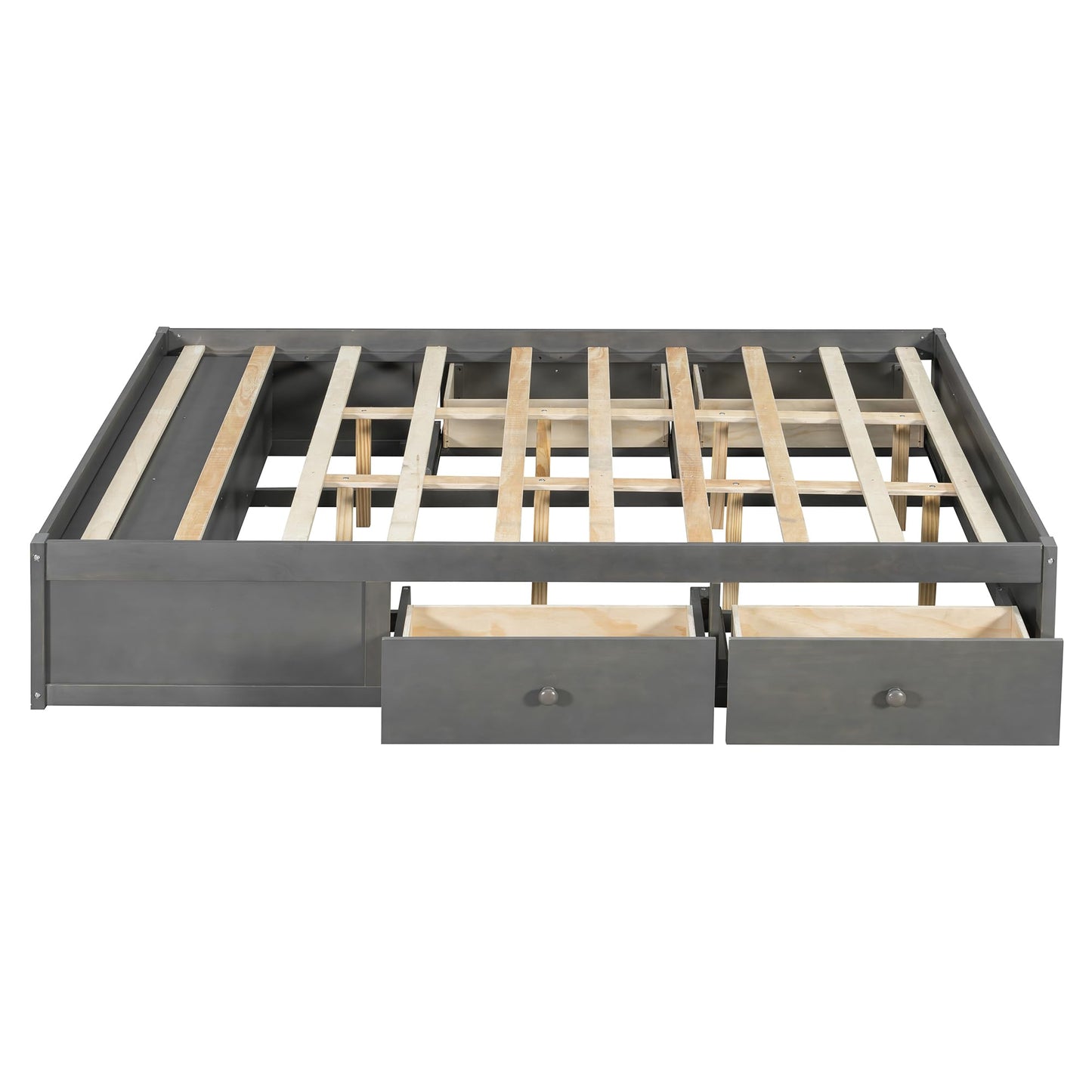 Merax Queen Size Wood Platform Bed with 4 Underbed Drawers and Hydraulic Lift Footboard Storage, Modern Bed Frame with Solid Wooden Slat Support for Bedroom, No Box Spring Needed, Easy Assembly, Gray