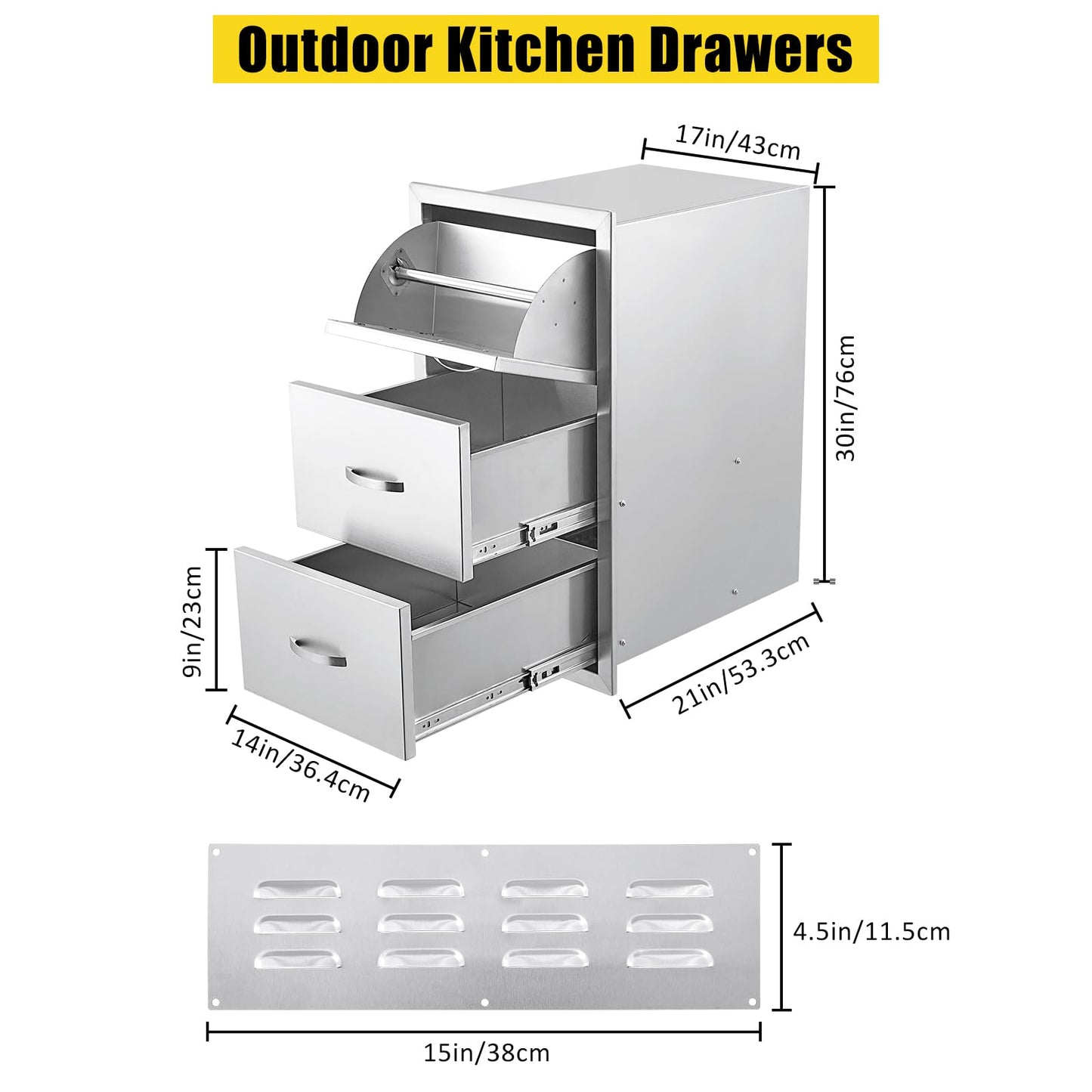GarveeLife 17W x 30H x 21D Inch Outdoor Kitchen Drawers w/Paper Towel Holder, Stainless Steel Triple BBQ Drawers, Access BBQ Drawers for Outdoor Kitchen Island or Grill Station