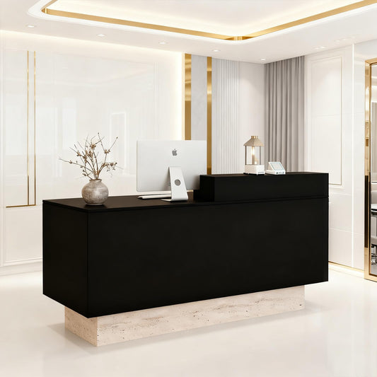 Front Reception Desk with Counter - Wood Modern with Storage Drawer for Salon Retail Office Checkout Barber Counter Table Mostrador para Negocio,Black + Stone/Right - 39.4″x19.6″x41.3″