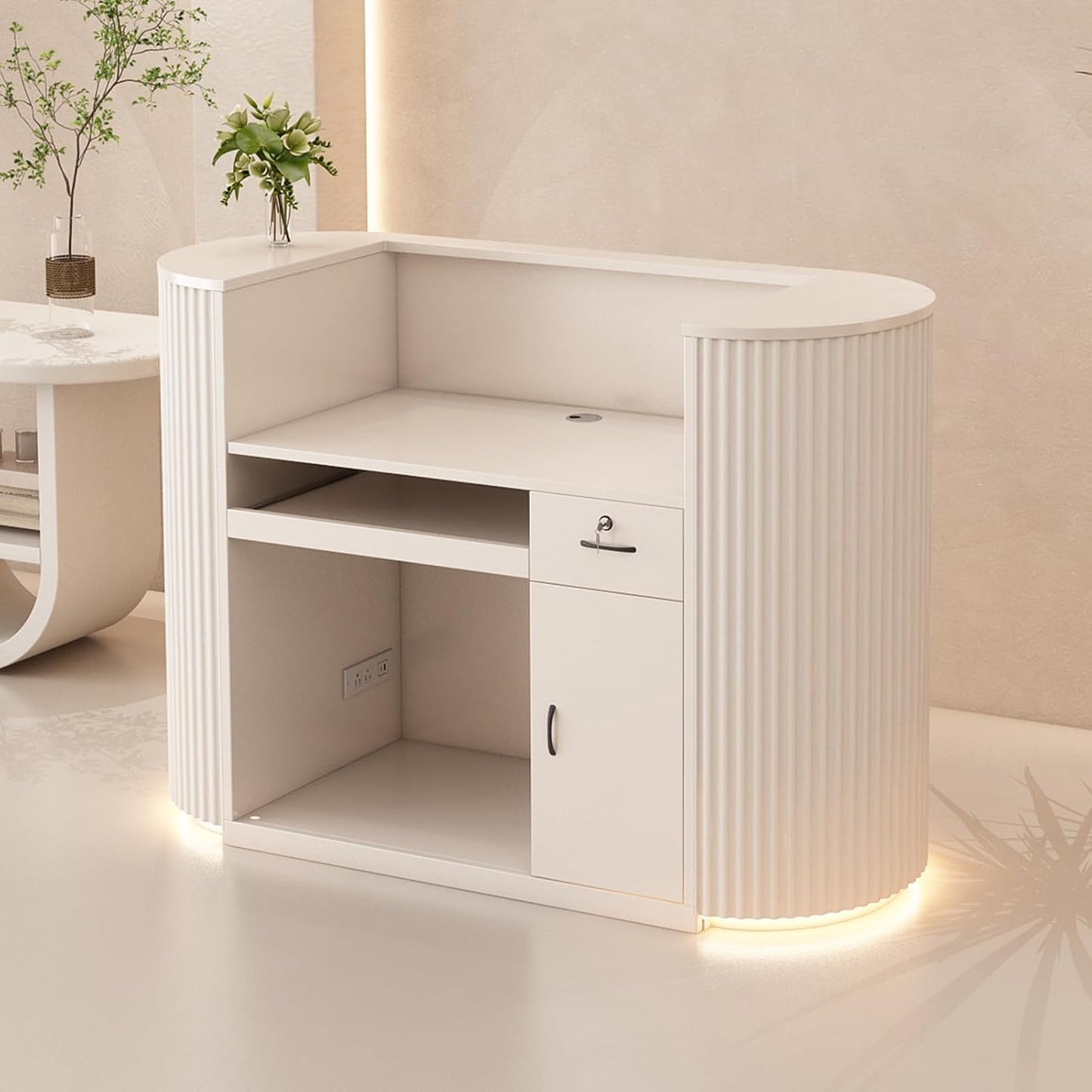 HMBTCRY Reception Desk with Counter, 47" Curved Checkout Counter with Led Lights, Lockable Drawers, Hidden Cable Management and Wood Construction, Salon Reception Counter for Beauty Salons