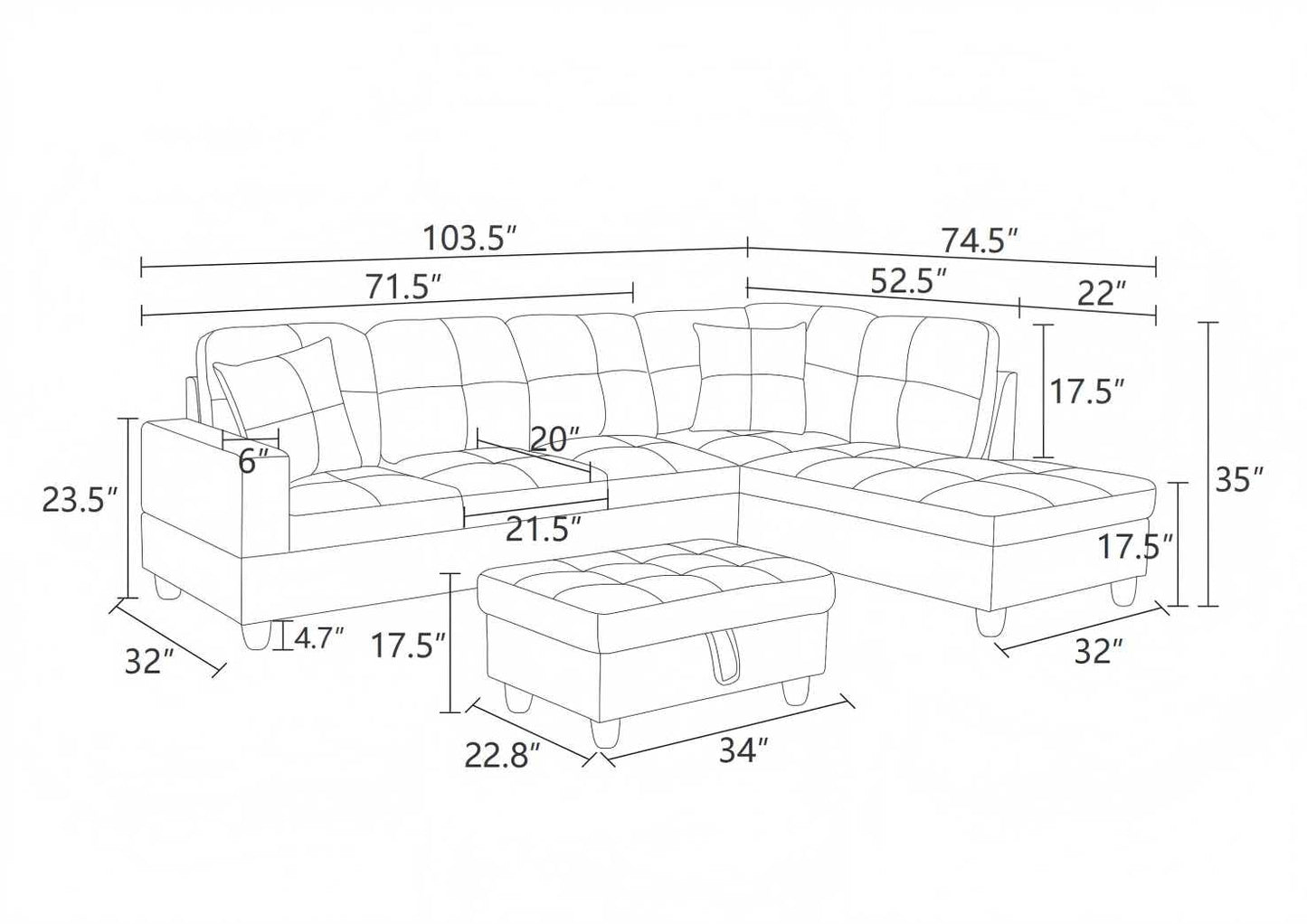 UOCFYK L-Shaped 3-Piece Lint and PVC Sofa with Storage Ottoman Set, Sectional Couch Sofa Set for Living Room, Office, Small Space, Dark Blue and Brown