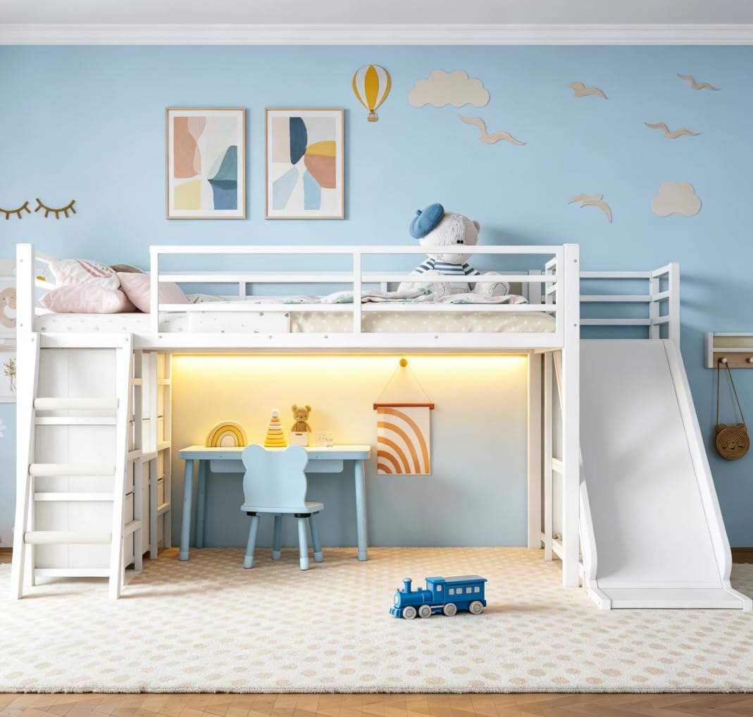 Bellemave Twin Low Loft Bed with Slide and LED, Metal Kids loft Bed with Storage Drawers and Hanging Area, 2 Assembly Methods, White