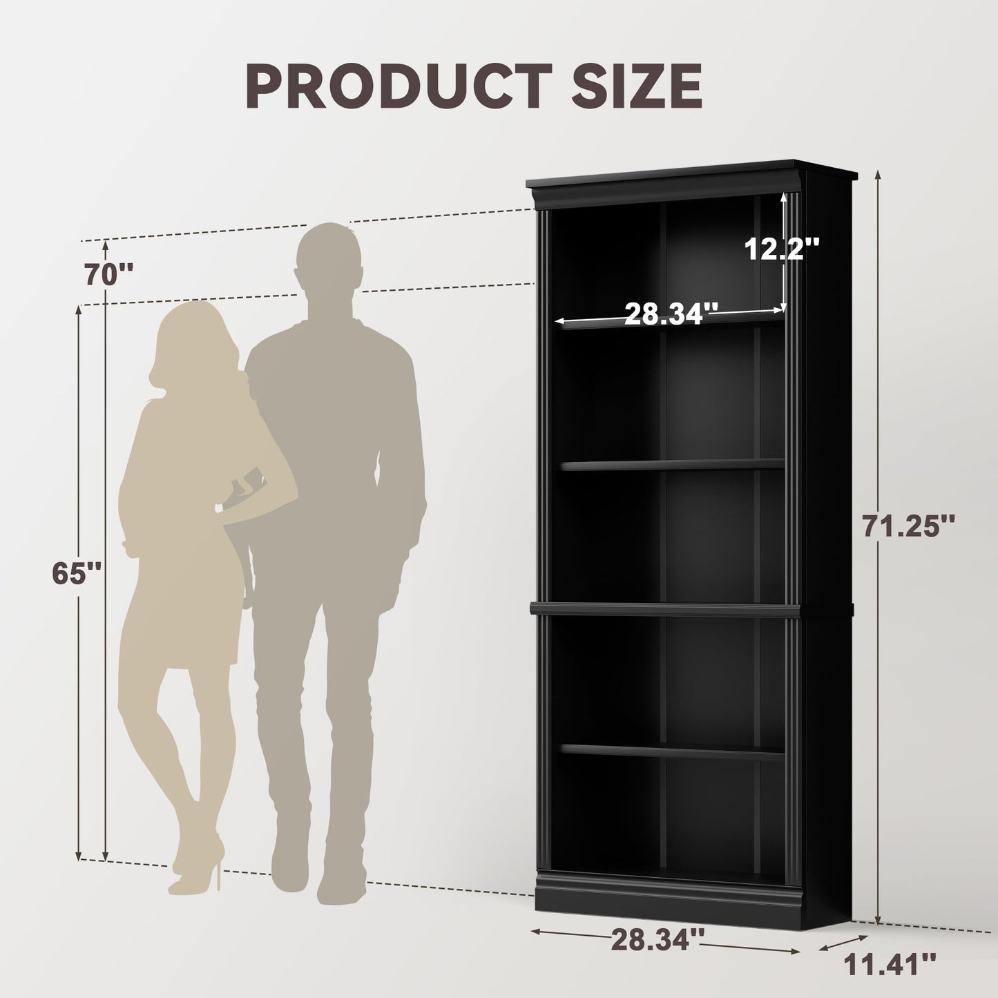 YESHOMY 72" Bookcase and Bookshelf, 5-Tier Wood Bookcases with Shelves, Tall Floor Standing Book Shelf Storage Cabinet Home Decor Furniture for Living Room, Home Office, Black, 2 PCS