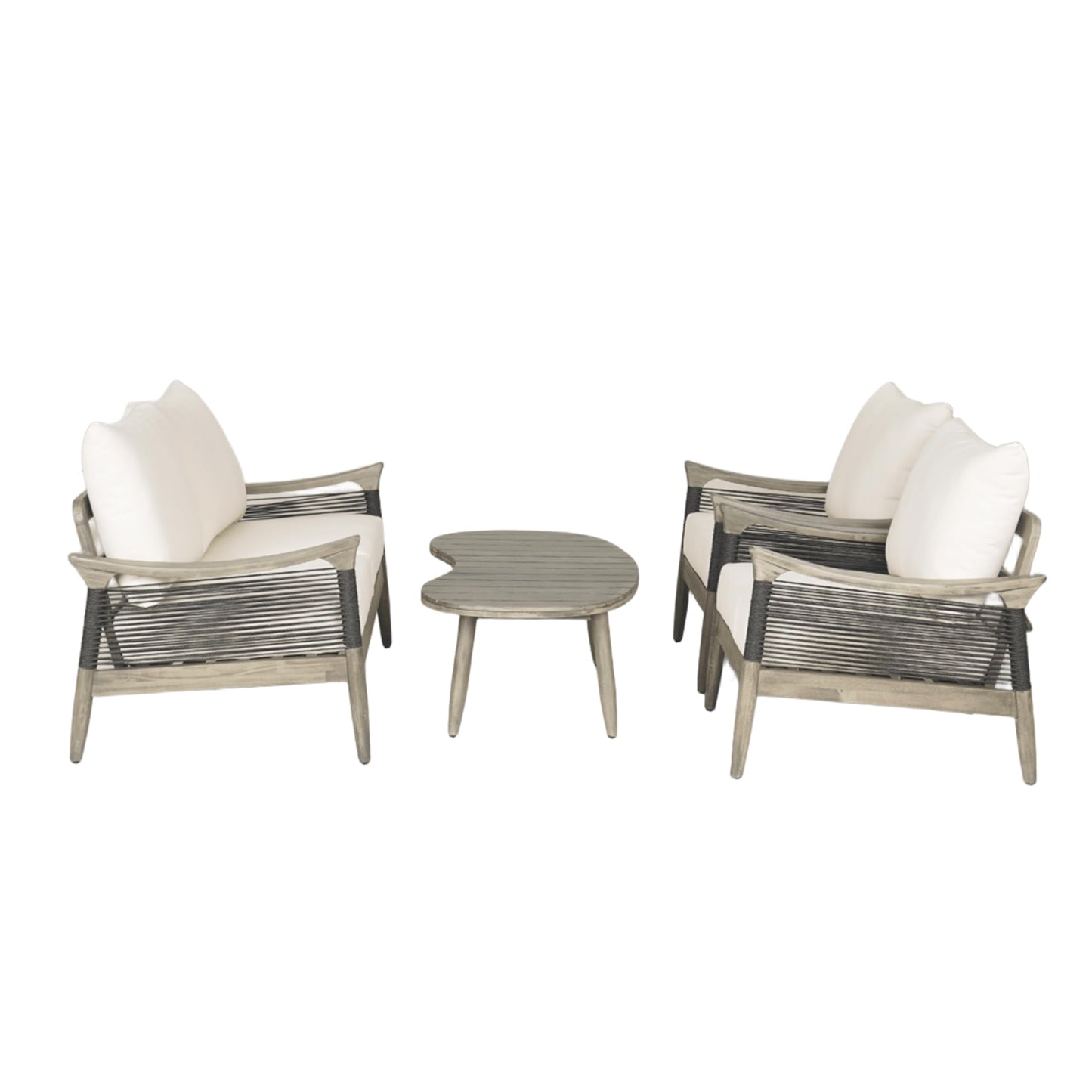 Christopher Knight Home Havets 4 Piece Patio Conversation Sets, Outdoor Acacia Wood Patio Seating Group,Woven Rope Loveseat Chairs with Cushions and Coffee Table for Porch Backyard Balcony, Gray+Beige