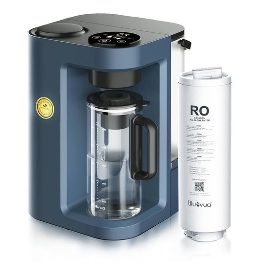 Bluevua RO100ROPOT-Lite Countertop Reverse Osmosis Water Filter System, 3:1 Pure to Drain Ratio, Portable RO Filtration with Remineralization, No Installation, WQA Certified, 7-Stage UV Blue