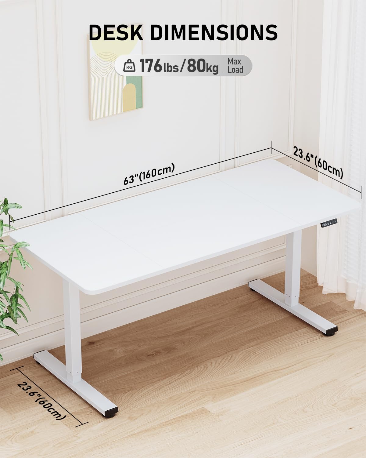 Xyndyx 63" Electric Standing Desk Adjustable Height, Sit Stand up Desk for Home Office & Computer Workstation, 2 Memory Height Settings, Splice Board, 2 Hooks, White Frame/White Top