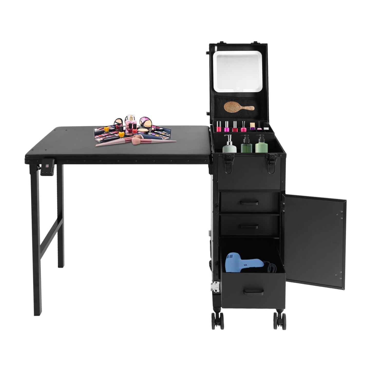 YIYIBYUS Portable Rolling Manicure Table for Nail Teach w/Mirror, Professional Makeup Storage Manicure Dressing Table with Wheels 3 Drawers, Cosmetology Travel Case Workstation Artist