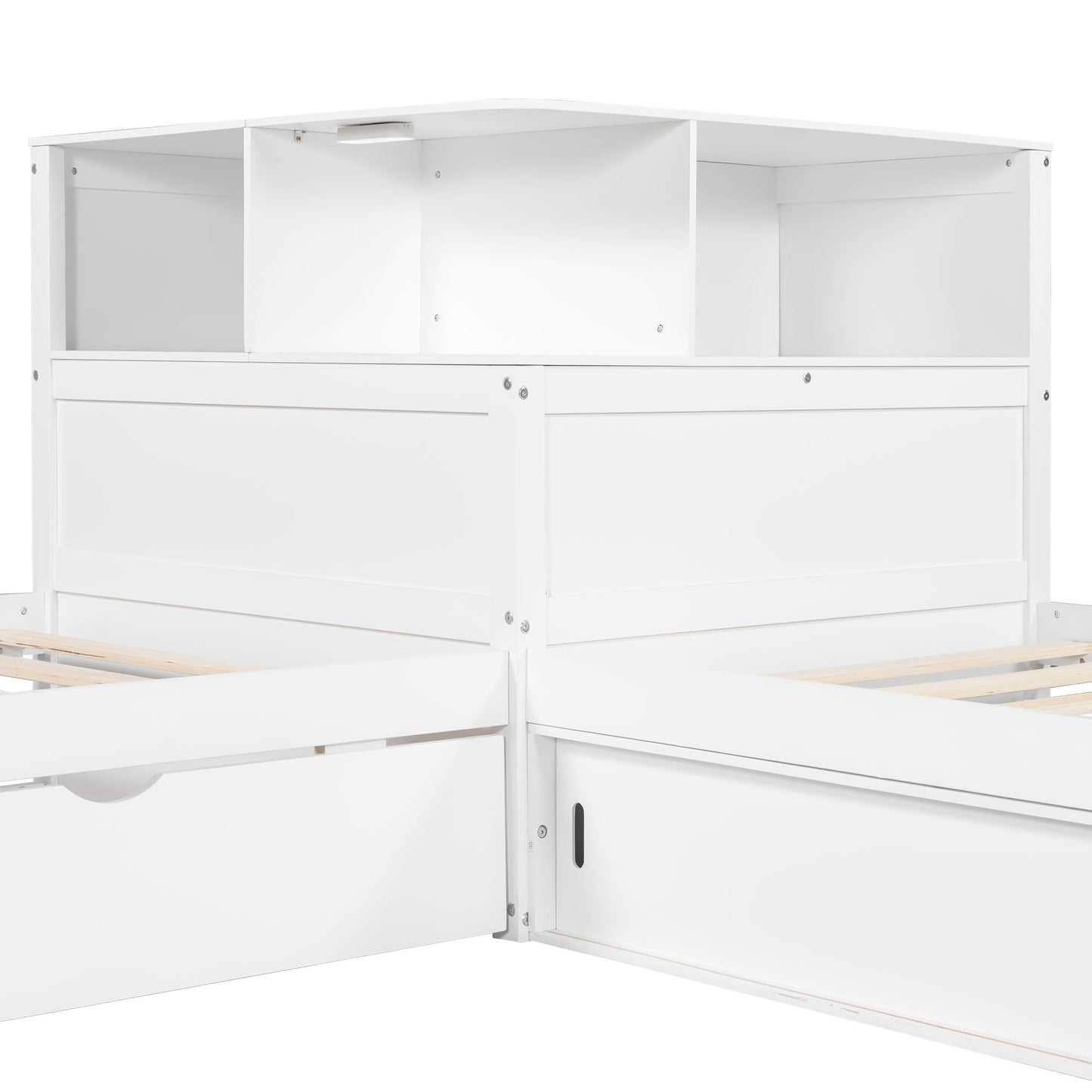 Merax Twin Size Platform Bed with Trundle and Storage Cabinets, L Shaped Corner Bed with Desk and Light, Wood Slats Support, 3 Beds in One Design, No Box Spring Needed