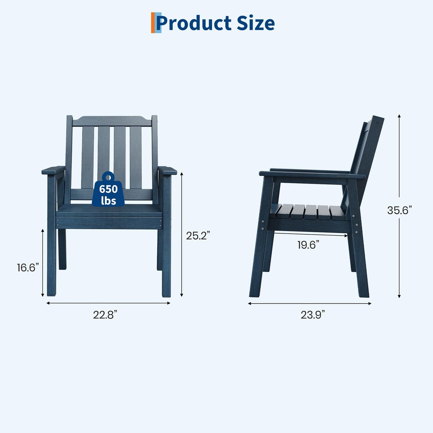 Outdoor Dining Chairs Set of 4, HDPE Patio Chairs 650LBS Capacity All-Weather Yard Armchair with Slatted Seat, 23.9" Wide Heavy Duty Modern Backyard Furniture for Garden, Poolside, Deck (Navy Blue)