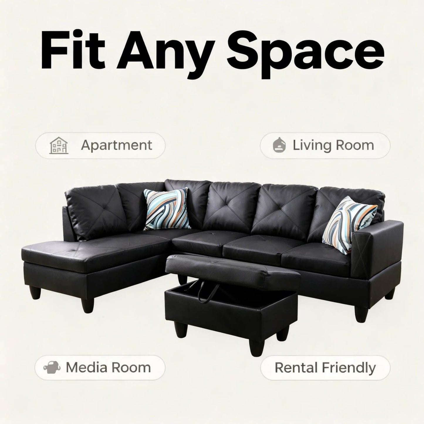 Trygoal 97 inch L-Shape Sofa with Storage Ottoman, Leather Sectional Couch with Left Chaise, Modern 3-Piece Sofa Set, Upholstered Couch Set with Solid Wood Frame for Apartment, Loft, Black