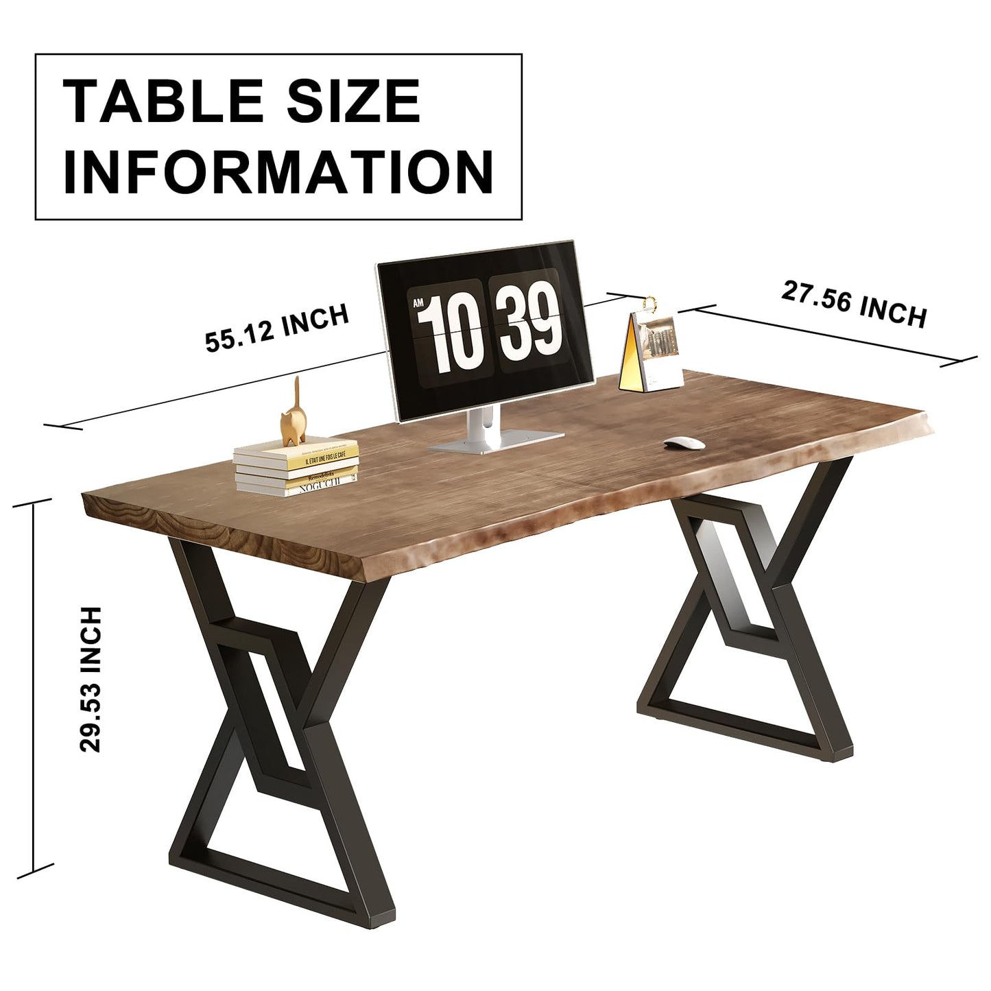 QZYJKJ 55 Inch Solid Wood Computer Desk, Rustic Brown Home Office Desk with Metal Frame, Large Writing Desk for Study, Gaming, Workstation & Dining Room, Modern Farmhouse Design