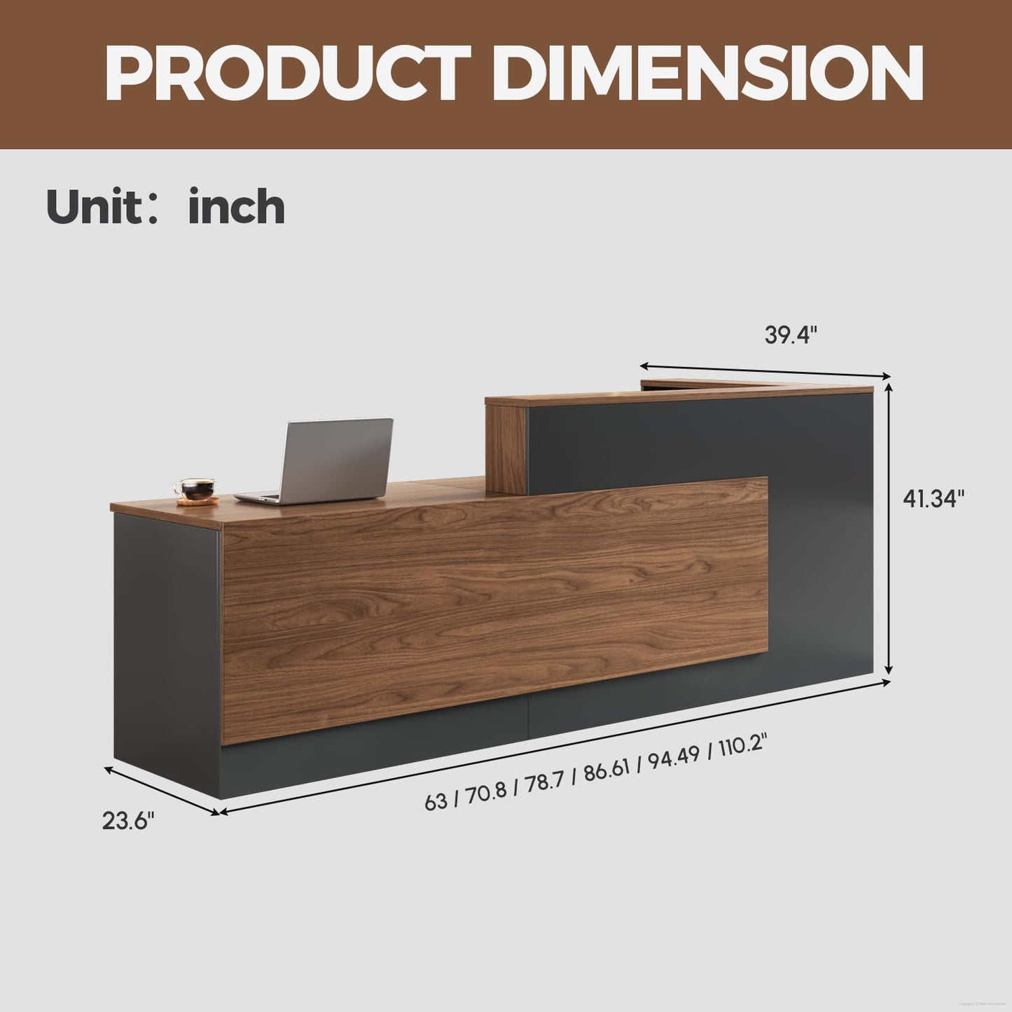 Huariifowm 87" L-Shaped Reception Desk with Counter, Front Desk with Lockable Drawer, Keyboard Tray & Shelves for Salon, Clinic, Retail & Office Lobby, Iron Gray & Walnut Brown, Left Cabinet