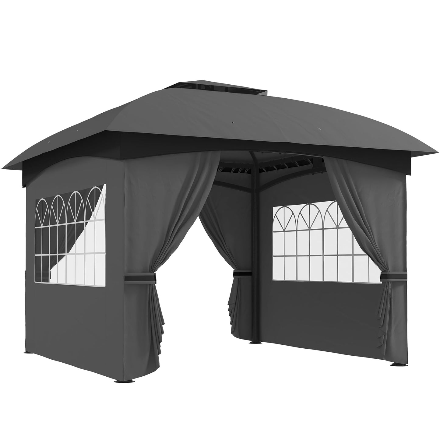 Outsunny 11' x 11' Outdoor Gazebo, Arc Patio Gazebo Canopy Shelter, UV Protected, with Curtains, Church Windows, Double Roof, Galvanized Steel Frame for Lawn, Backyard and Deck, Dark Gray