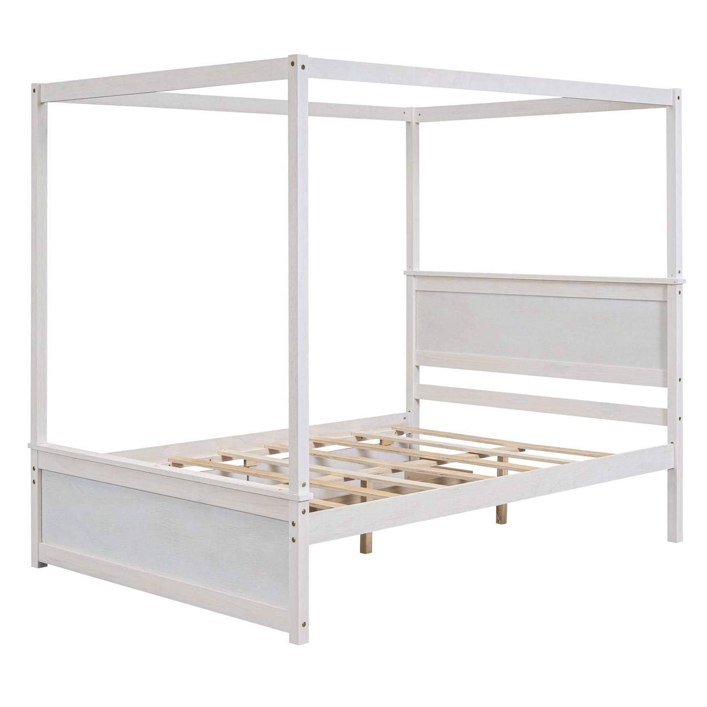 GDFStudio Full Size Canopy Bed Frame with 2 Storage Drawers, Solid Pine Wood Platform Bed Frame Full Size with Headboard Slat Support, Canopy Full Size Bed Frame, No Box Spring Needed, Brushed White