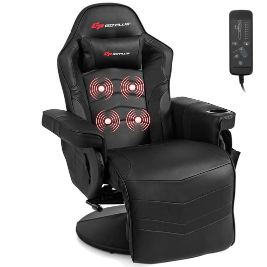 Goplus Massage Gaming Chair, Racing Style Gaming Recliner w/Adjustable Backrest and Footrest, Ergonomic High Back PU Leather Computer Office Chair Swivel Game Chair w/Cup Holder and Side Pouch