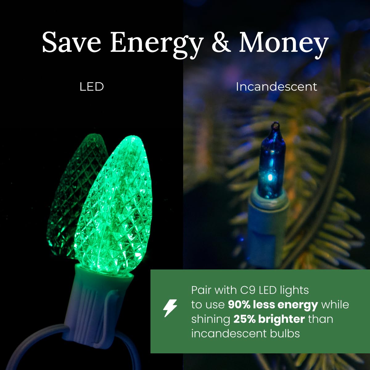 Christmas Designers Pro C9 Light Cord - 100 ft, 133 Bulb Sockets, 9in Spacing, Green Wire, Outdoor Holiday Decor